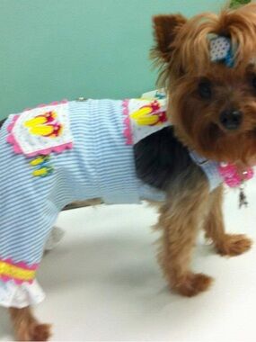 Small Dog Blue Striped Overalls with Sandal Appliqué 
XXL